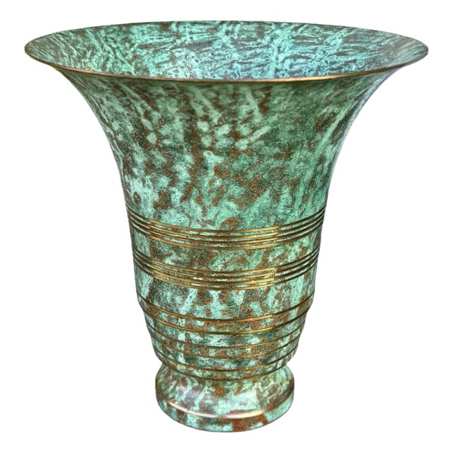 Vintage Carl Sorensen Art Deco Verdigris Bronze Trumpet Vase With Gilt Rings For Sale