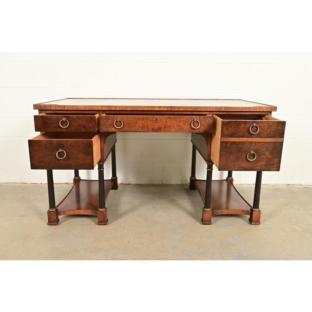 1960s Hekman Furniture French Empire Burled Walnut Leather Top Desk, Circa 1960s For Sale - Image 5 of 13