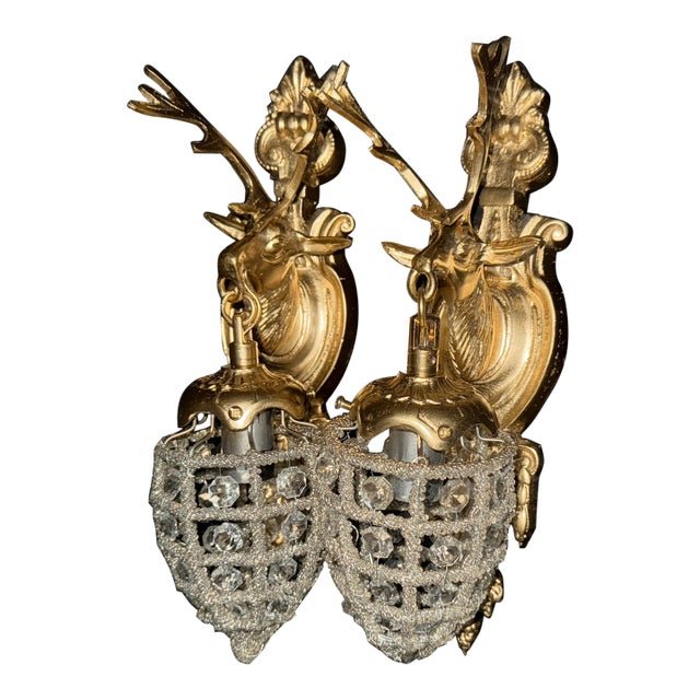 20thC French Louis XVI Gilt Bronze Deer Wall Lamps / Sconces - Pair For Sale