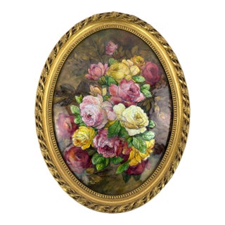 Camille Fauré Limoges Oval Enamel Plaque, Bouquet of Roses, Mid-20th Century For Sale