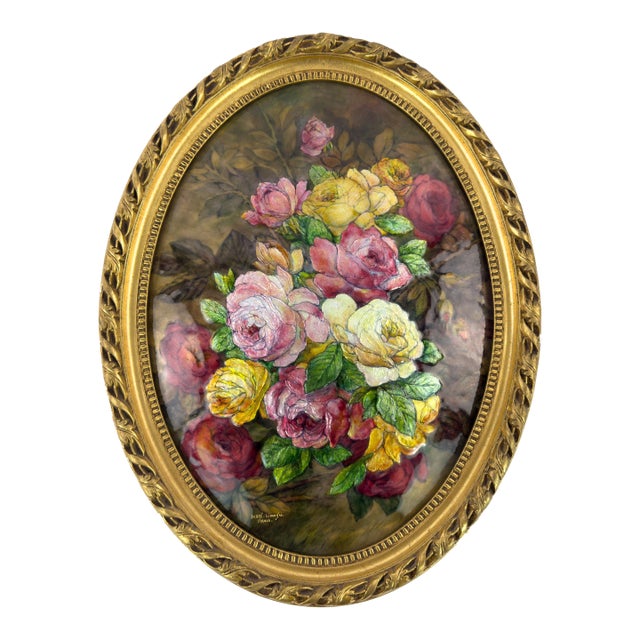 Camille Fauré Limoges Oval Enamel Plaque, Bouquet of Roses, Mid-20th Century For Sale