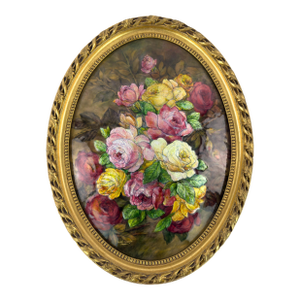 Camille Fauré Limoges Oval Enamel Plaque, Bouquet of Roses, Mid-20th Century