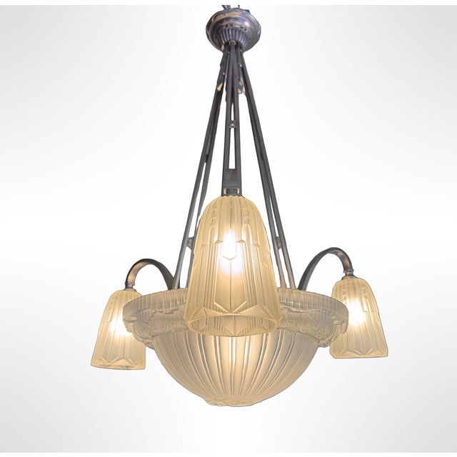 Art Deco Chandelier in Nickel-Plated Bronze by Georges Leleu Jehel, 1930 For Sale - Image 4 of 18