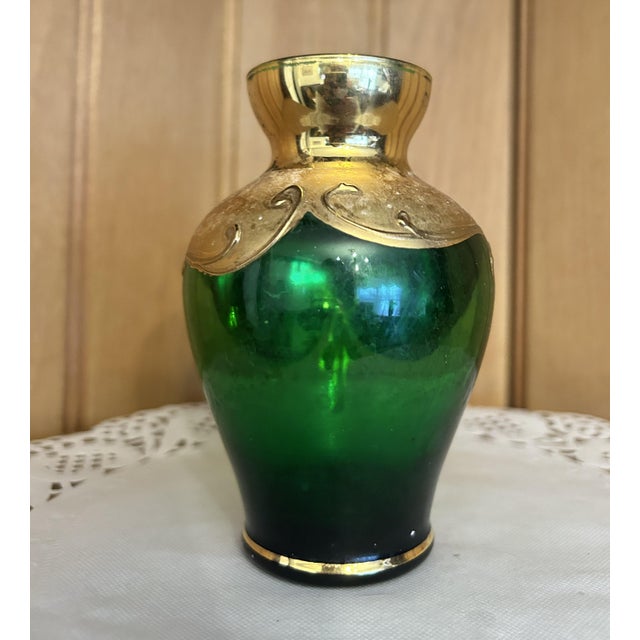 Green Antique Hand-Painted Bohemian Green Gold Moser Small Glass Vase Floral Motif For Sale - Image 8 of 8