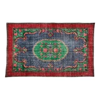 Vintage Distressed Turkish Isparta Rug 5'6" X 9'2" Hand-Knotted Wool, Navy Green Red Rose Medallion Art Deco Design For Sale