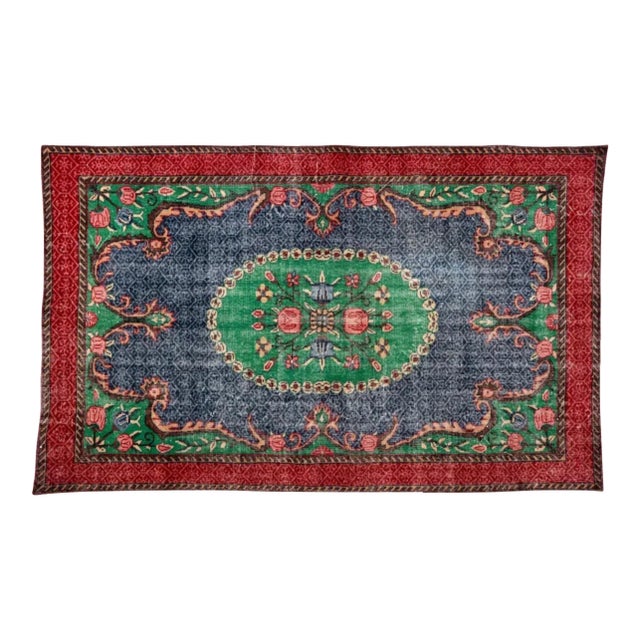 Vintage Distressed Turkish Isparta Rug 5'6" X 9'2" Hand-Knotted Wool, Navy Green Red Rose Medallion Art Deco Design For Sale