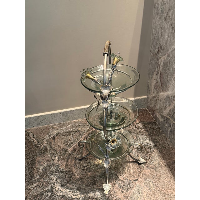 Depth 17 in Height 29 in Width 21.5 in Bowls each: 10" diameter perfect condition Crafted from wrought metal and adorned...