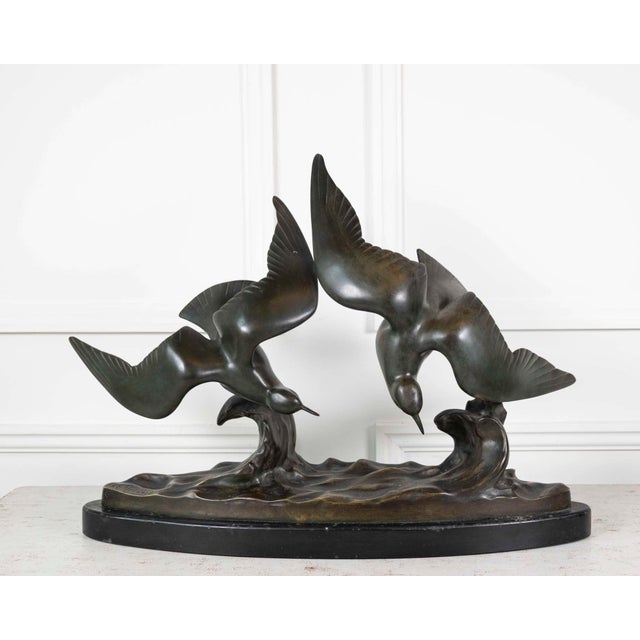 Metal Mid 20th Century J.B. Léonard, Two Seagulls in Flight, Art Deco Bronze Sculpture For Sale - Image 7 of 12