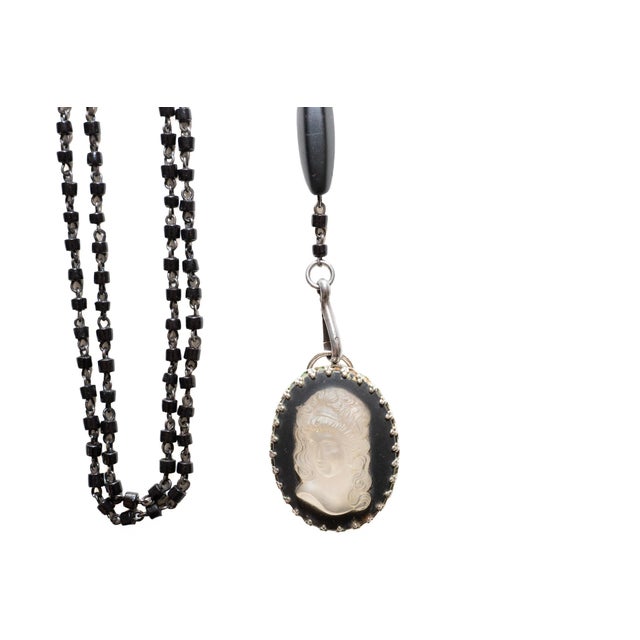 Vintage Black Beaded Wrap Necklace With Lalique Glass Cameo, 1940's For Sale - Image 12 of 18