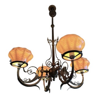 Eastlake Original Gas Fixture Converted to Electric With 4 Signed Quezal Art Glass Gold Iridescent, Pulled Feather Design, Circa 1905 For Sale