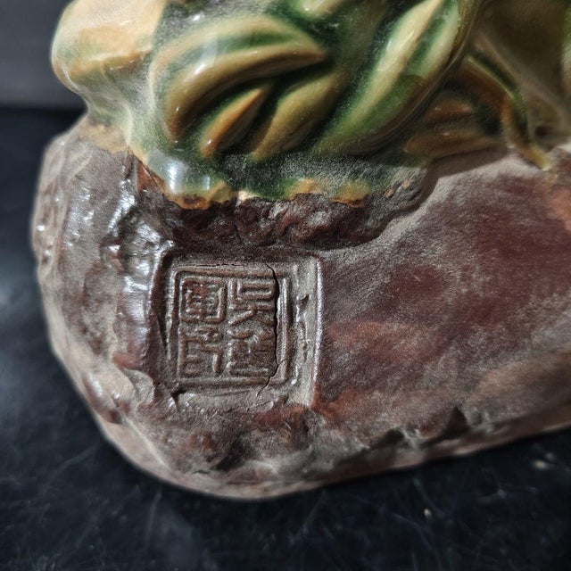 Mid 20th Century Ceramic Rooster Figurine, Colorful Hand-Painted With Bamboo Base (Peace & Safety Symbol) For Sale - Image 5 of 7