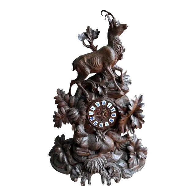 Late 19th Century Swiss Black Forest Hand-Carved Clock, Alpine Carved Case For Sale