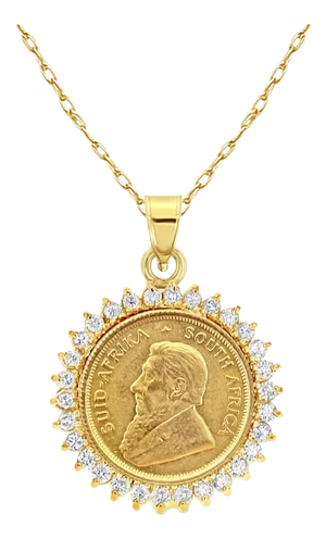 1/10oz South African Krugerrand Coin Necklace With Diamond Halo .66cttw 16"