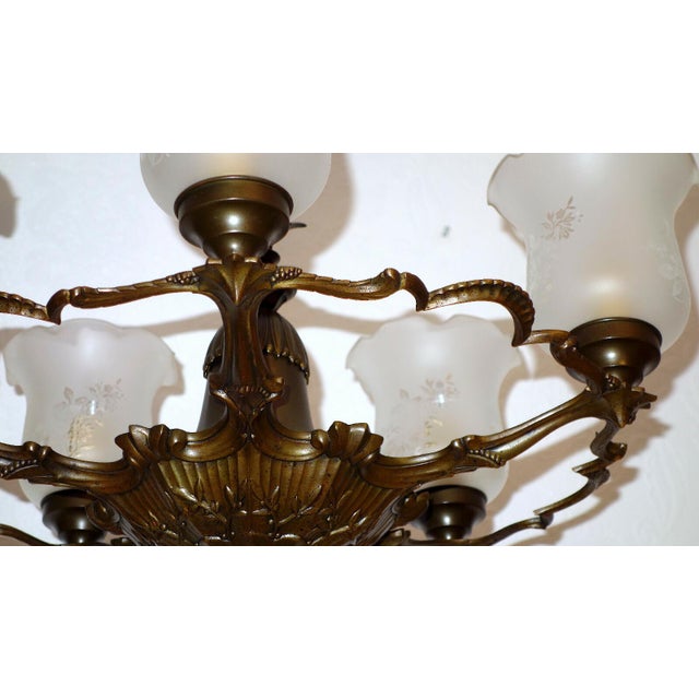 Gold Antique French Brass and Glass Chandelier from Unbekannt, 1920s For Sale - Image 8 of 10