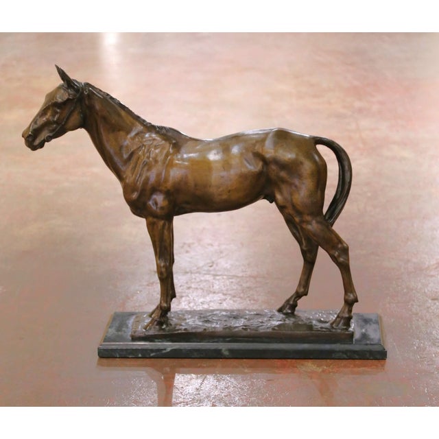 French 19th C. French Patinated Bronze Horse Sculpture on Marble Base Signed C. Fratin For Sale - Image 3 of 12