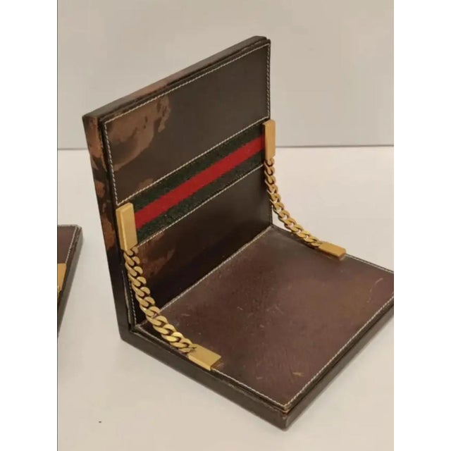 Gucci 1970s Vintage Gucci Leather and Brass Bookends - Pair For Sale - Image 4 of 11