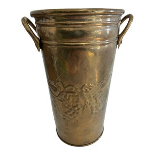 Vintage Embossed Grapevine Solid Brass Vase With Handles For Sale