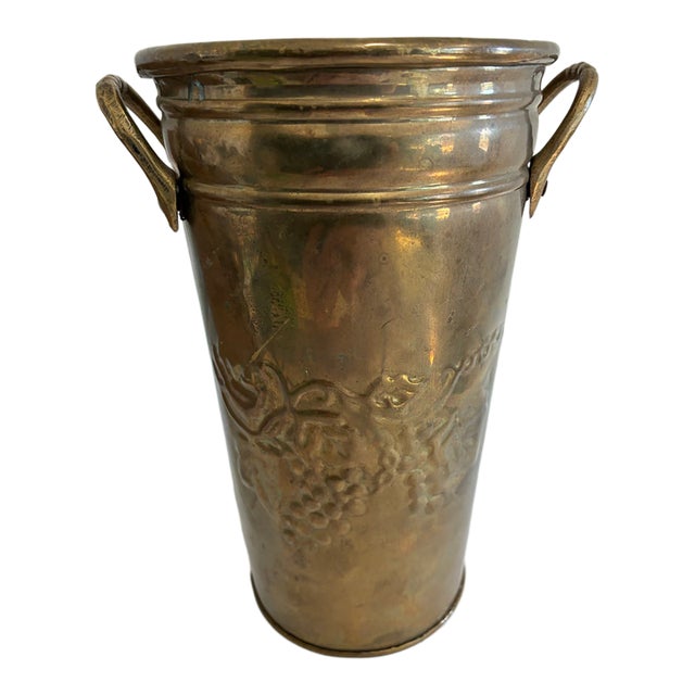 Vintage Embossed Grapevine Solid Brass Vase With Handles For Sale