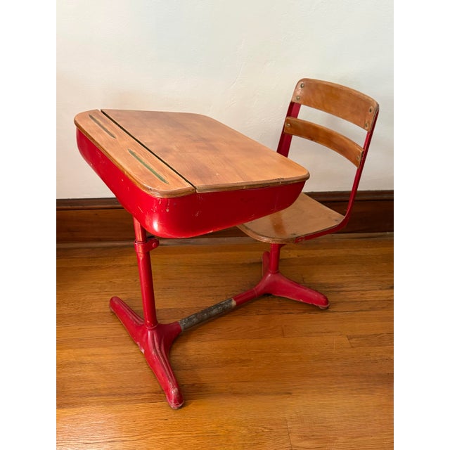 Wood Mid Century Red Metal Children's School Desk With Attached Wood Seat For Sale - Image 7 of 10