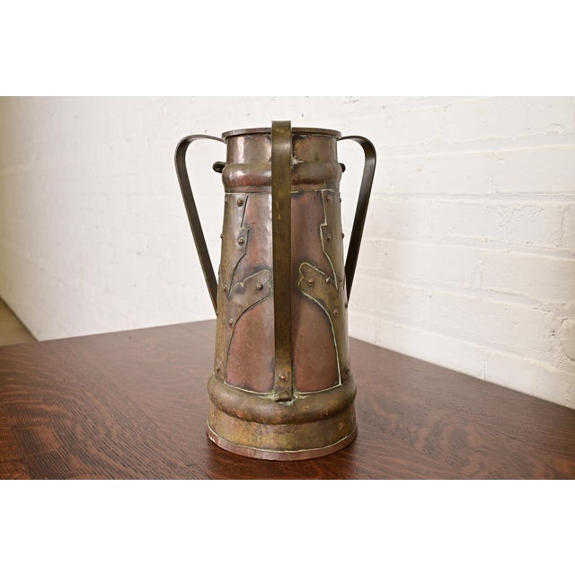 Art Nouveau Stickley Brothers Antique Arts & Crafts Three-Handled Large Copper and Brass Vase For Sale - Image 3 of 13
