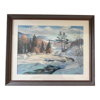 Mid 20th Century Mid Century Modern Winter Scene Original Painting Signed Dori Thomson For Sale