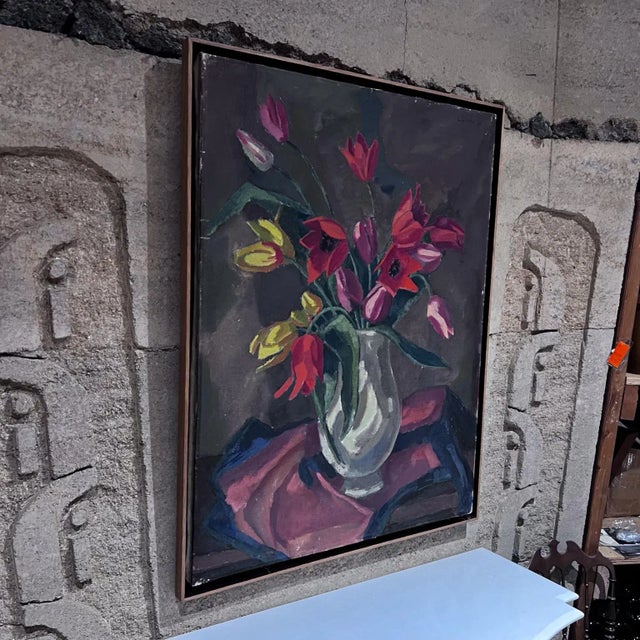Expressionism 1960s Floral Still Life Oil Painting, Signed & Framed, 35.25x27.25 Mid Century For Sale - Image 3 of 11