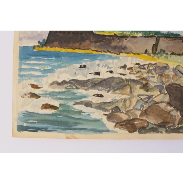 Mid-Century Swedish Outsider Folk Art Original Watercolor Painting, Coastal Landscape With Fortress For Sale In San Diego - Image 6 of 7