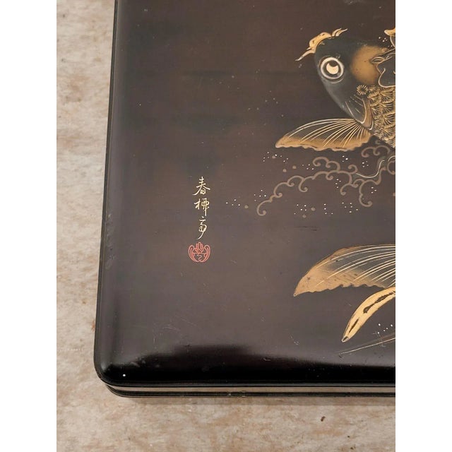 Japanese Signed Lacquered Box With Carp and Deity, Circa 1880 Was $995 For Sale - Image 4 of 5