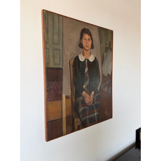 Charming vintage portrait oil on canvas by American artist Bena Frank Mayer (1900–1994), depicting a seated young girl...