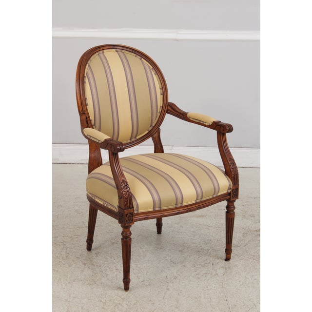 French Louis XVI Style Mahogany Open Arm Fauteuil Chair For Sale - Image 3 of 18