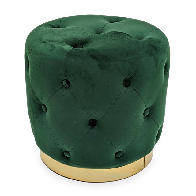 This Zentique glam stool features a round cushioned top in green velvet on splayed metallic gold pin legs. At 17" square,...