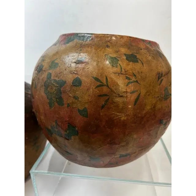 Beautiful Papier Mache Bowls.. Burnt Sienna color with Hunter green leaf designs. Vintage Asian Papier-Mache bowls, pair....