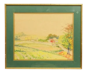 Late 20th Century Rural Landscape Watercolor Painting, Framed