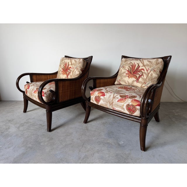 Wood Palecek Coastal Organic Rattan & Cane Lounge Armchairs With Leather-Wrapped Details – Pair For Sale - Image 7 of 12
