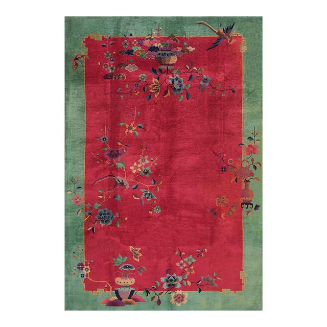 1920s Red Floral Antique Chinese Art Deco Rug by Nichols Workshop 6' X 8'9" Handknotted Wool Carpet For Sale