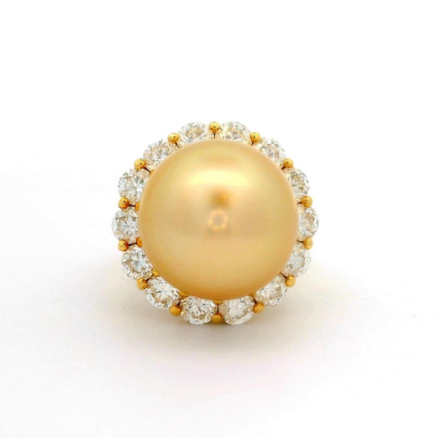 Hubert 17mm Golden South Sea Pearl Diamond 18k Yellow Gold Cocktail Ring, Size 8.25 For Sale - Image 4 of 6