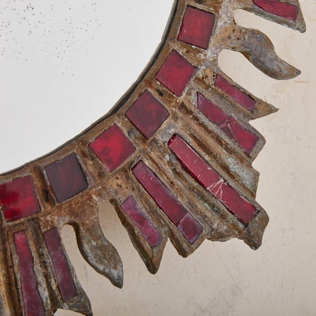 French Sunburst Wall Mirror with Red Talosel Inlay by Irena Jaworska, 1960s For Sale - Image 4 of 10