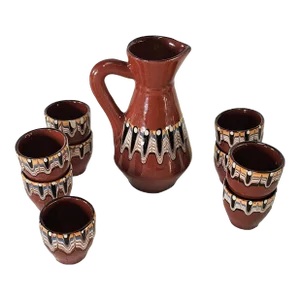 1950s Bulgarian Troyan Pottery Hand Painted Pitcher & Cup Set 12oz