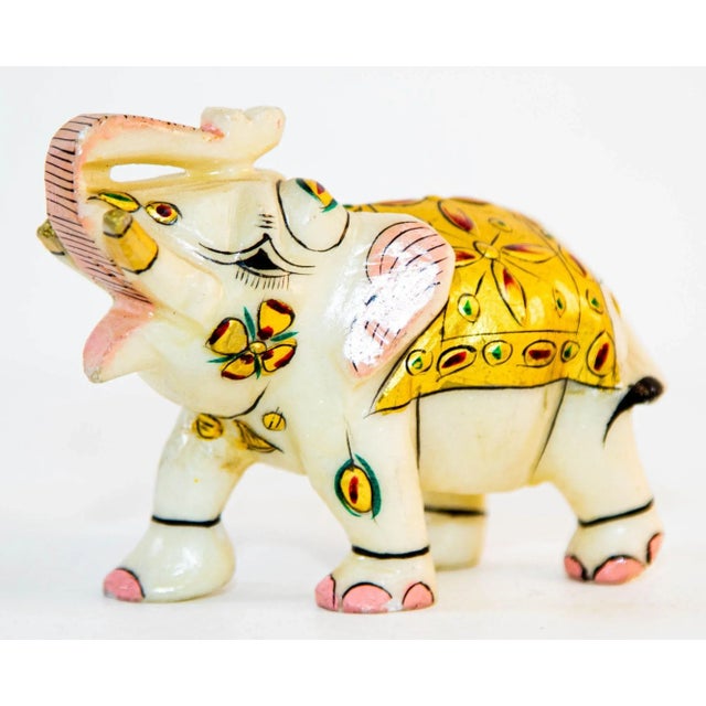Vintage White Marble Mughal Jeweled Elephant Sculpture Paper Weight. Finely hand painted animal sculpture of an elephant...
