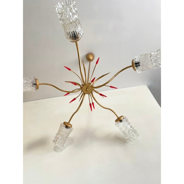 Mid-Century Modern French Atomic Chandelier with Red Acrylic Glass Accents and Textured Glass Shades, 1960s For Sale - Image 12 of 13