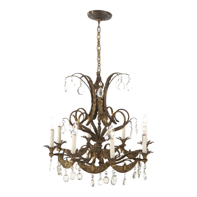 Vintage French Louis XIV Style Bronze & Crystal Eight-Light Chandelier C1930 For Sale