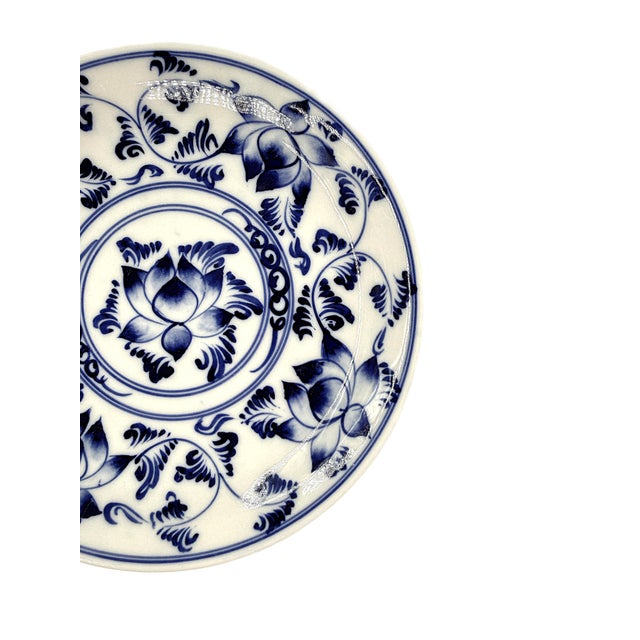 Set of 4 Bat Trang Vietnamese Ceramic Dessert/Salad Plates With Blue & White Lotus Floral Motifs For Sale In New York - Image 6 of 8