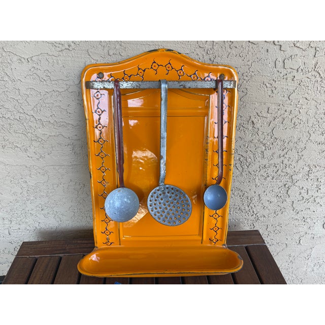 Art Deco Set of 6, Country French Enamel Orange Kitchenalia Utensil Holder Rack With 5 Ladles For Sale - Image 3 of 10