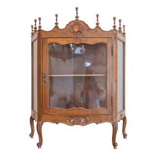 19th Century French Louis XV Style Walnut Display Cabinet with Carved Musical Instruments For Sale
