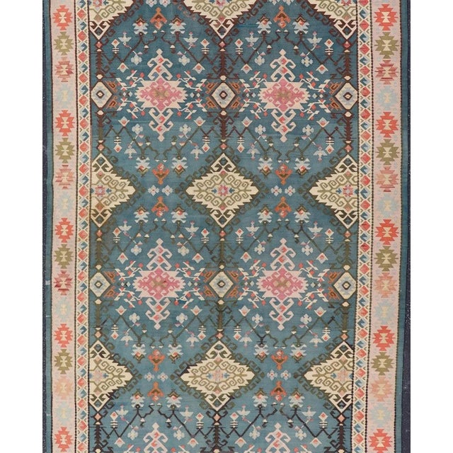 Vintage Turkish Kilim Rug in Blue, Coral, Ivory, and Olive 5'7 X 14'2 For Sale In Atlanta - Image 6 of 13