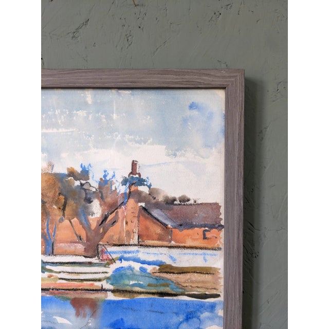 Orange Mid-Century Modern Swedish "The Waterway" Vintage Landscape Watercolour Painting, Framed For Sale - Image 8 of 10