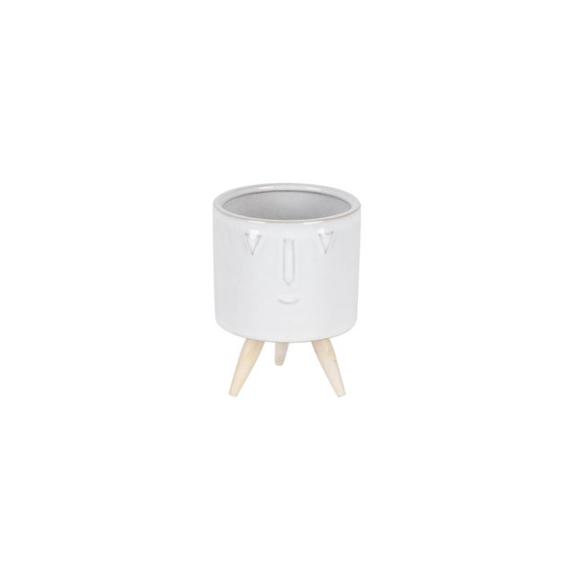 2020s Porcelain Face Planter with Wooden Legs (Set of 3) For Sale - Image 5 of 6
