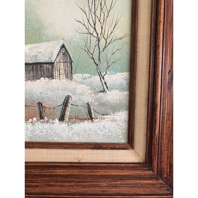 Textile Vintage Landscape Painting by Hopkins — Mid-Century Framed Art for Modern Farmhouse, Lodge, Vacation Cabin. For Sale - Image 7 of 7