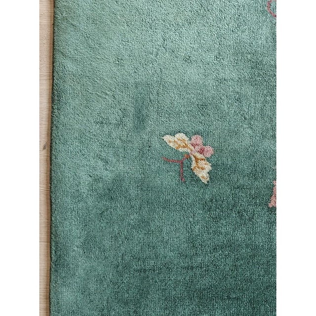 1920s Small Wool Pile Green Open Field Antique Floral Chinese Deco Throw Rug For Sale - Image 4 of 8