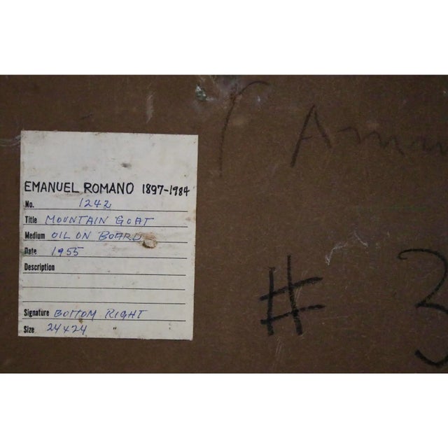 Verdigris 1955 Vintage E. Romano "Mountain Goat" Oil on Artist Board Painting For Sale - Image 8 of 9